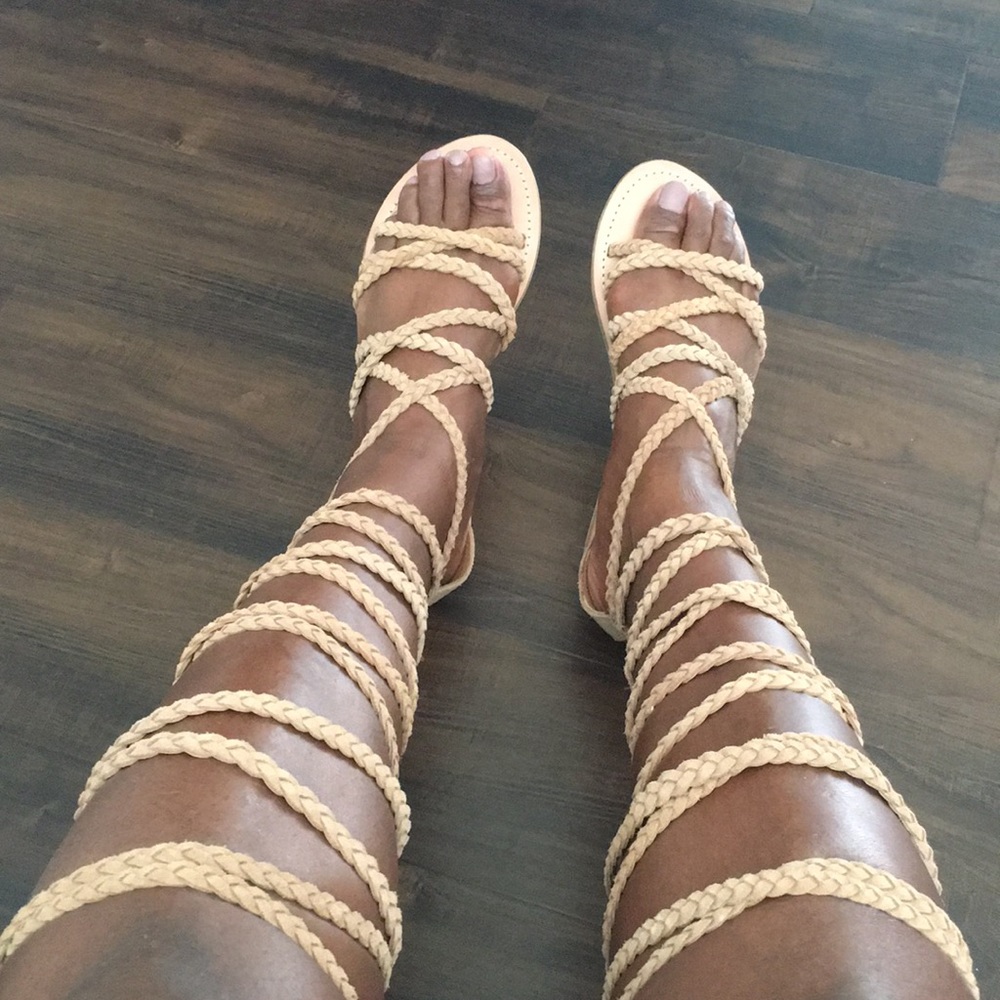 Knee high genuine leather gladiator flat sandals
